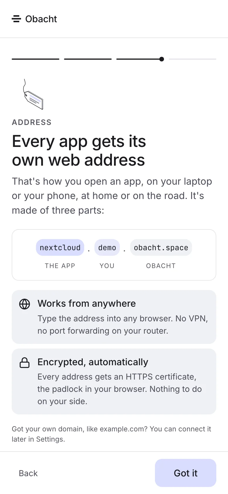 The web app on a phone: every app gets its own web address, made of the app, your name and obacht.space