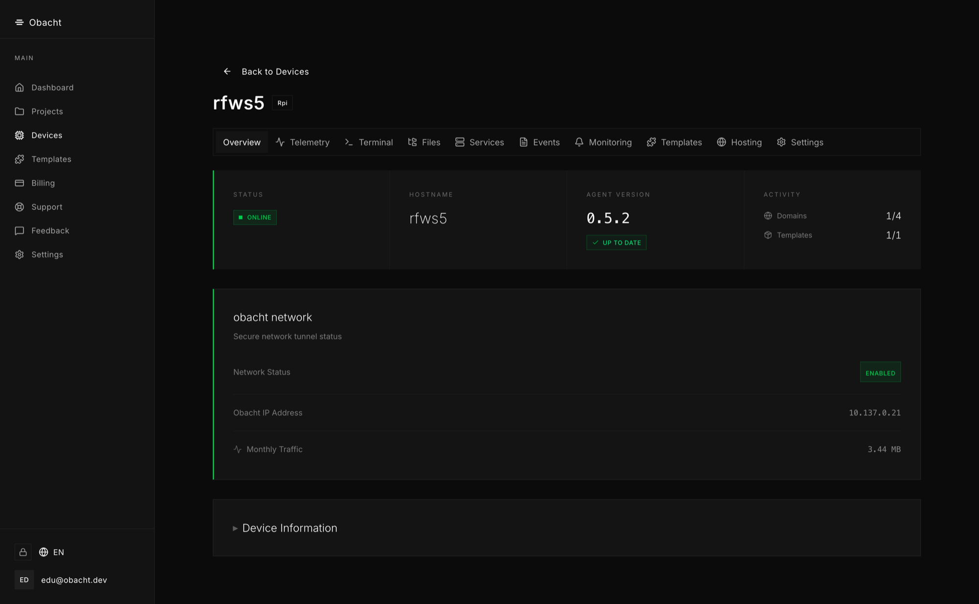 Web dashboard: devices, templates and domains in one place