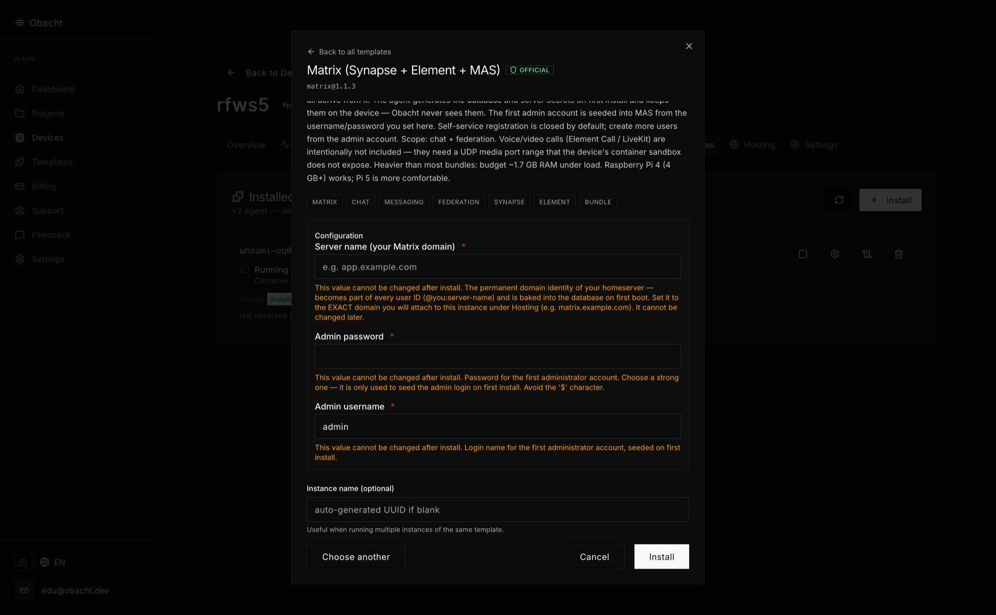 The real install dialog: Matrix (Synapse + Element), configured through the UI