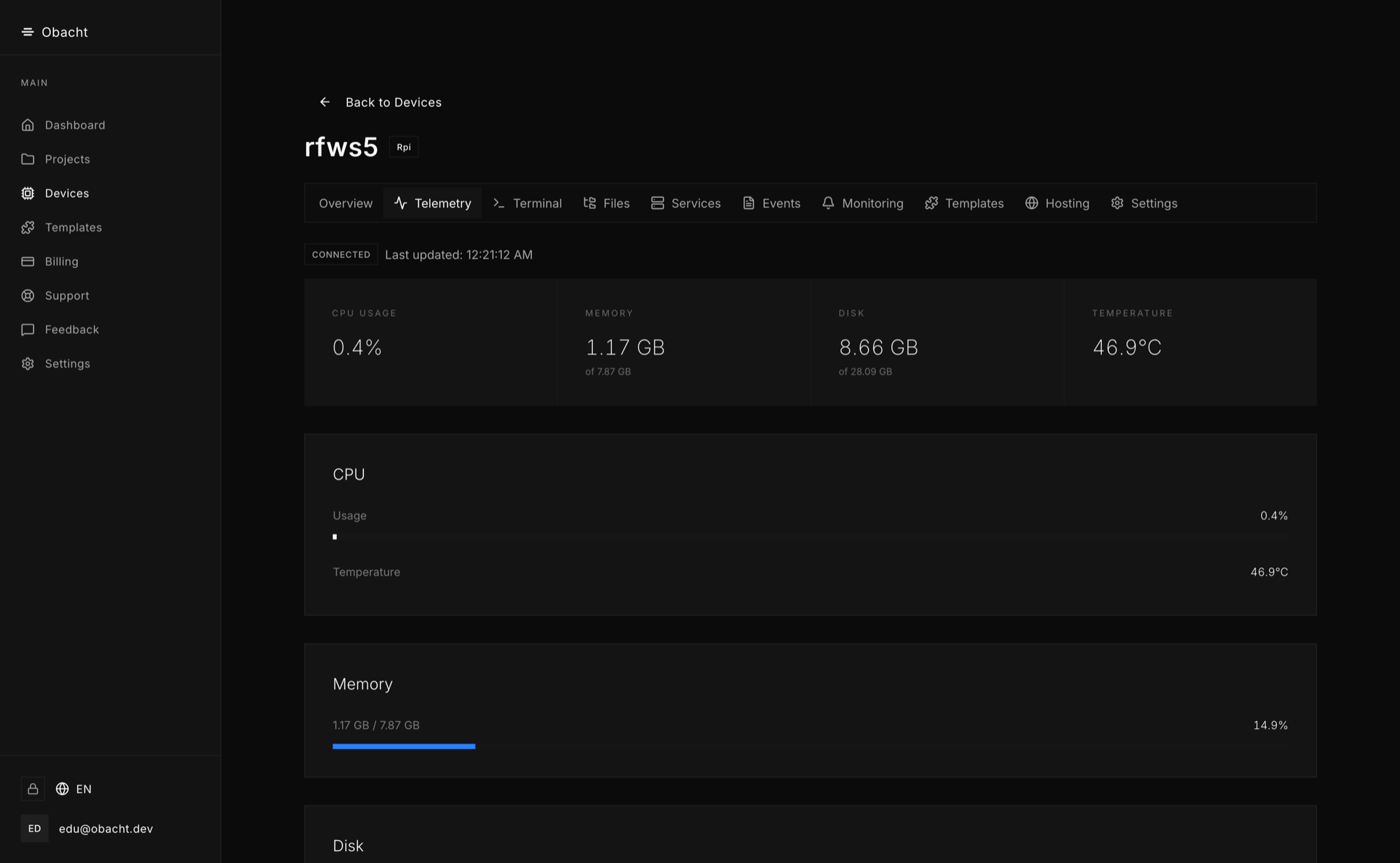 Live telemetry: CPU, RAM, disk, temperature