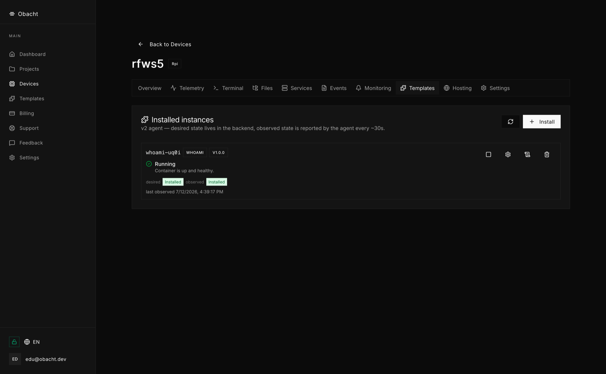 Installed templates with live status