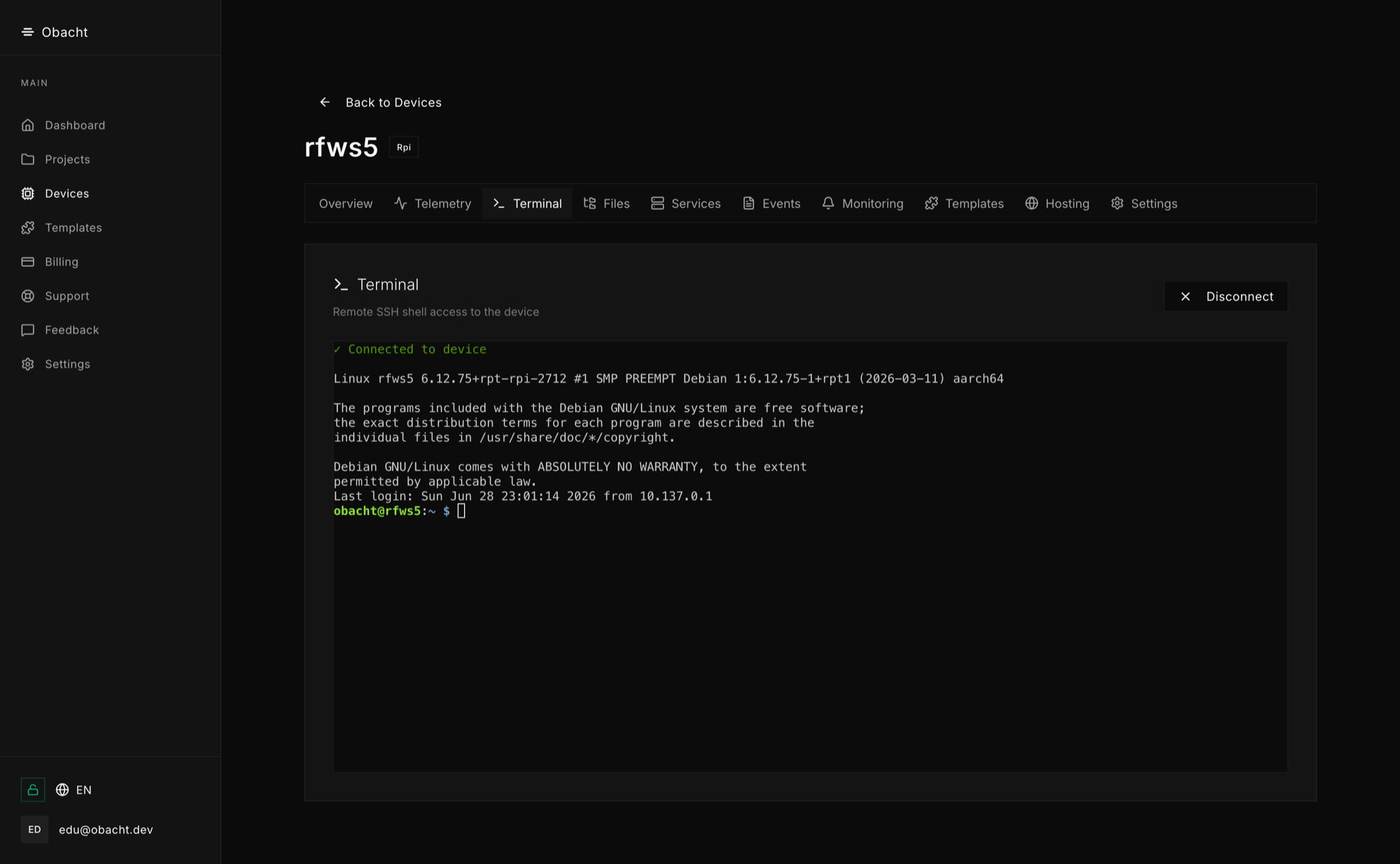 Browser terminal on a live device, no SSH client